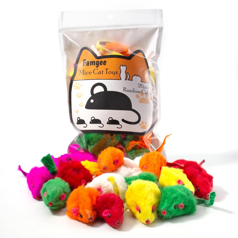Famgee 20 PCS Furry Squeak Mouse Rattle Sound Plush Mice Fur Interactive Catch Play Catcher Pet Kitten Cat Toys (Random Color) - Image 1